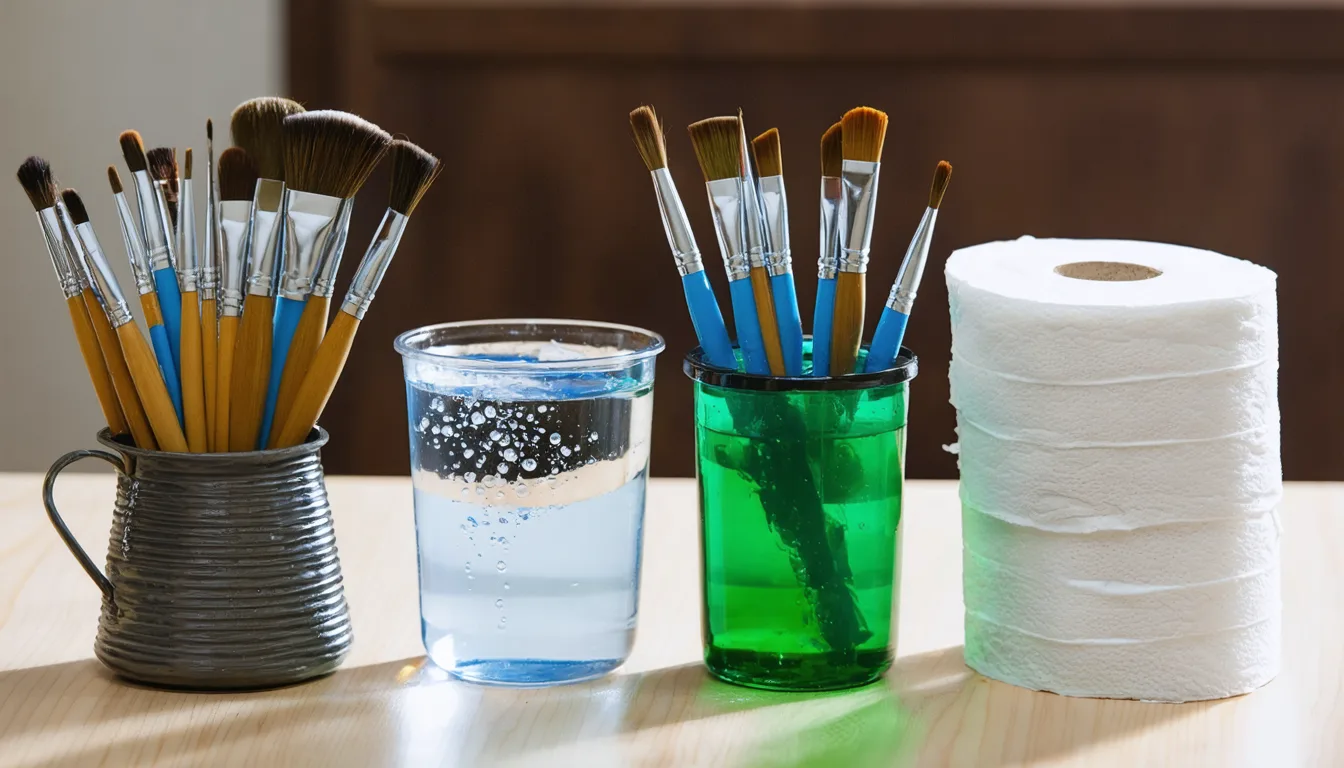 A miniature painting workspace showing two water pots and brushes being cleaned