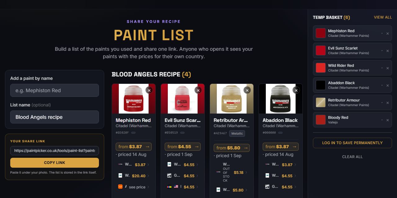 Shareable Paint List — screenshot